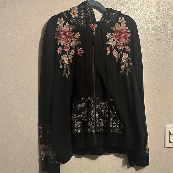 Johnny Was Black Floral & Bandana Patch Zip Hoodie - Picture 2 of 16